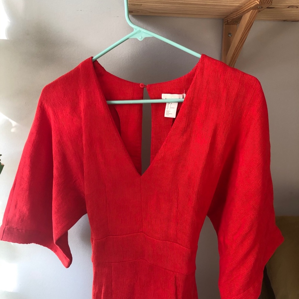 Red V neck open back dress